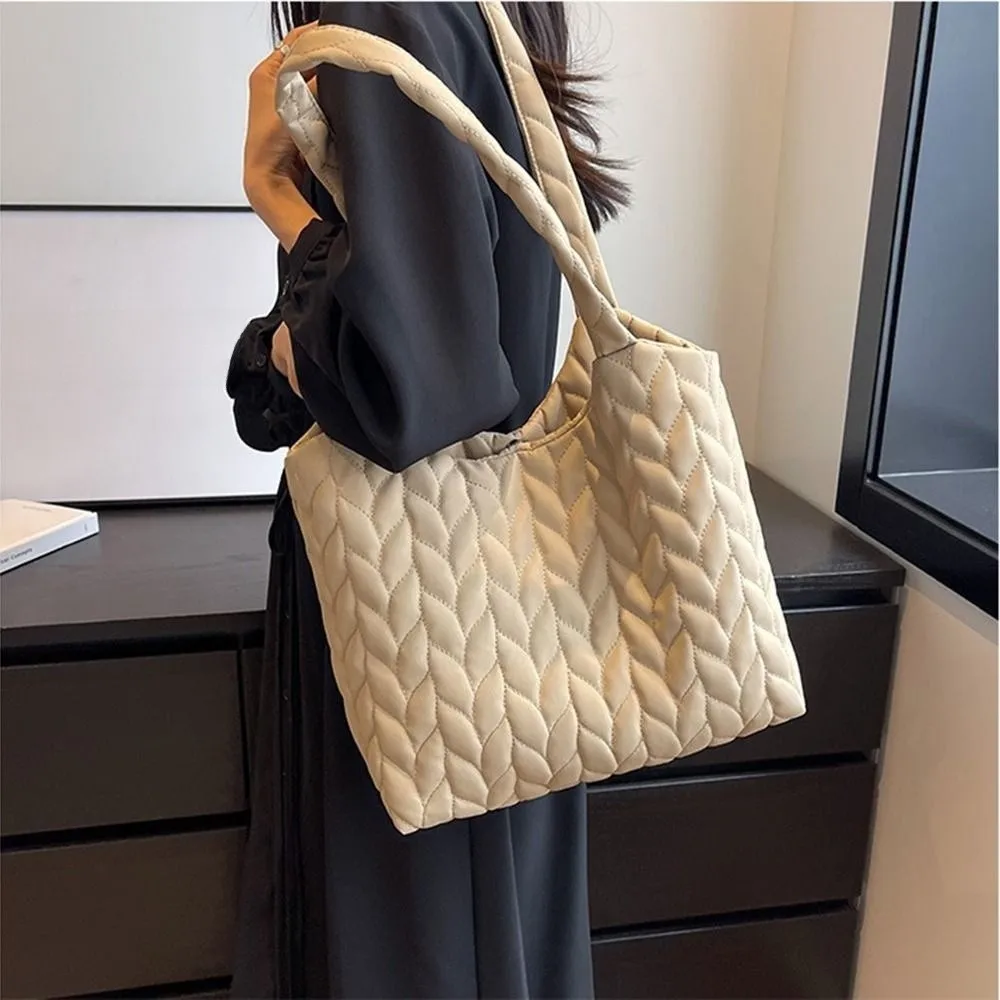 

Solid Color Quilted Shoulder Bag Soft Cotton-Padded Embroidery Thread Travel Shopper Tote Large Capacity Magnetic buckle