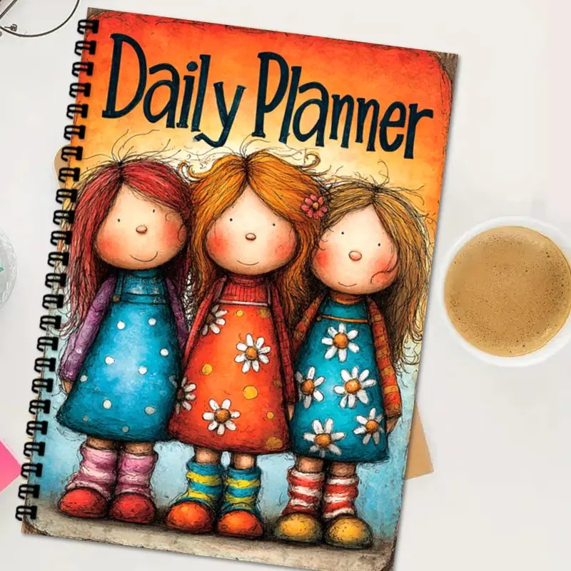 Daily & Weekly Planner | Spiral Binding Notebook A5 Size - Suitable for Teachers & Students, Vibrant Cartoon Girls Design