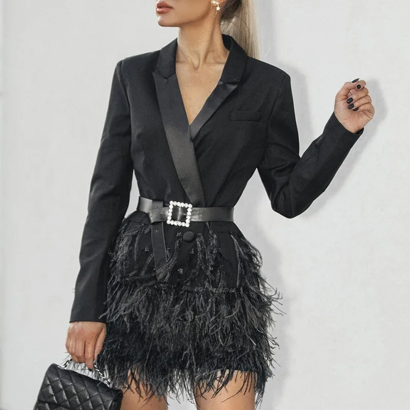 

High Quality Feather Splicing Blazer Dresses Spring Women Long Sleeves with Belt Mini Dress Autumn High Waist V-neck Suit Dress