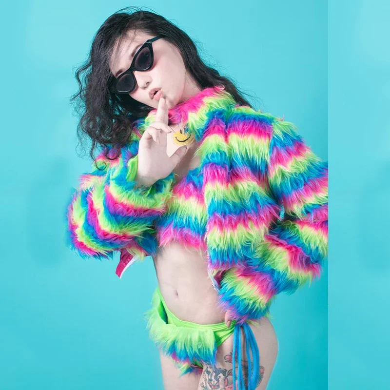 Sexy pole dance roupas femininas arco-íris listrado pele biquíni casaco boate dj ds gogo dançarino trajes palco rave outfit xs5314