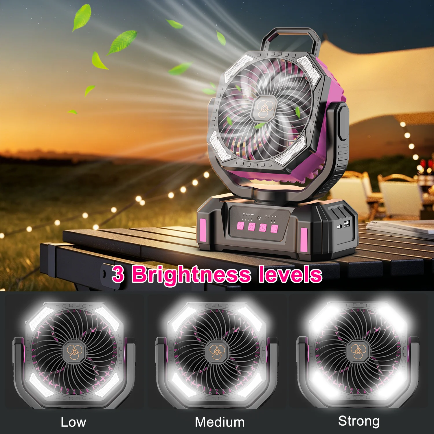 20000mAh Portable Camping Fan – LED Light, Remote, Hanging Hook, USB Power Bank for Tent Outdoor