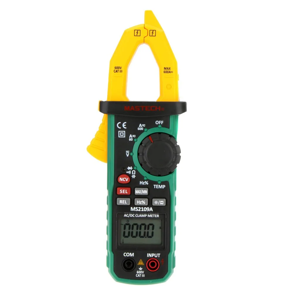 Mastech MS2109A True RMS Auto Range Digital AC DC Clamp Meter 600A Multimeter Volt Amp Ohm HZ Temp Capacitance Tester NCV Test