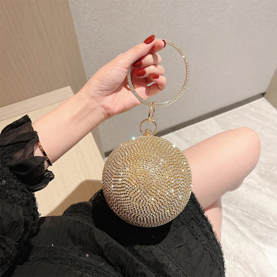 

Luxury Round Shape Diamond Evening Clutch Bags Women Design Chic Rhinestone Metal Handle Gold Purse For Wedding Party Sac A Main