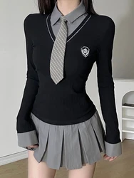 Vintage Pleated Dress Women Long Sleeve Short Dresses Female Fake Two Piece Shirt Dress Ladies Korean Fashion Preppy Style Dress