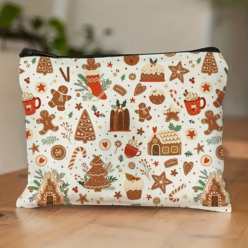 Christmas Gingerbread Cookie Print Makeup Bag Baking Themed Large Capacity Travel Storage Pouch Daily Handbag Christmas Holiday