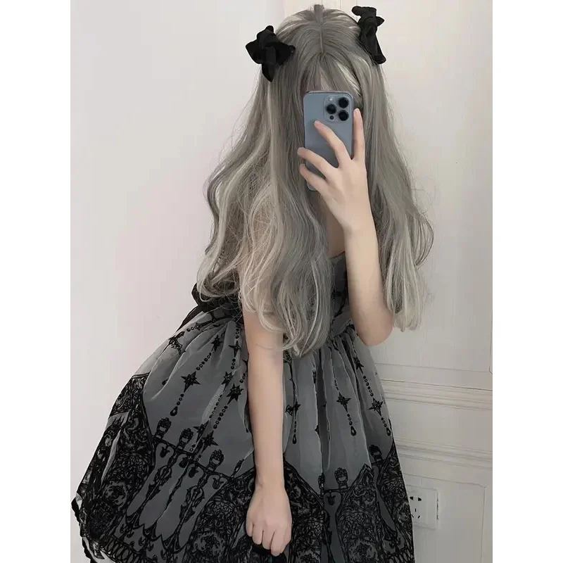 qq78Request7Gaun Lolita Musim Semi dan Musim Gugur JSK Angin Gelap Lucu Manis Hitam Abu-abu Renda Kerah Persegi Silang Penyihir Bordir Busur Ka