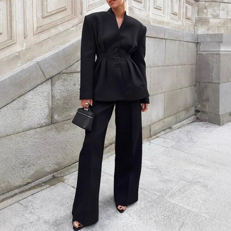 

Black suit set for cross-border commuting women's 2025 autumn fashion workplace waist cinching suit and trousers two-piece set