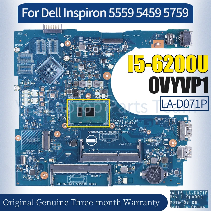 AAL15 LA-D071P For Dell Inspiron 5559 5459 5759  Laptop Mainboard CN-0VYVP1 SR2EY I5-6200U Notebook Motherboard 100％ Tested