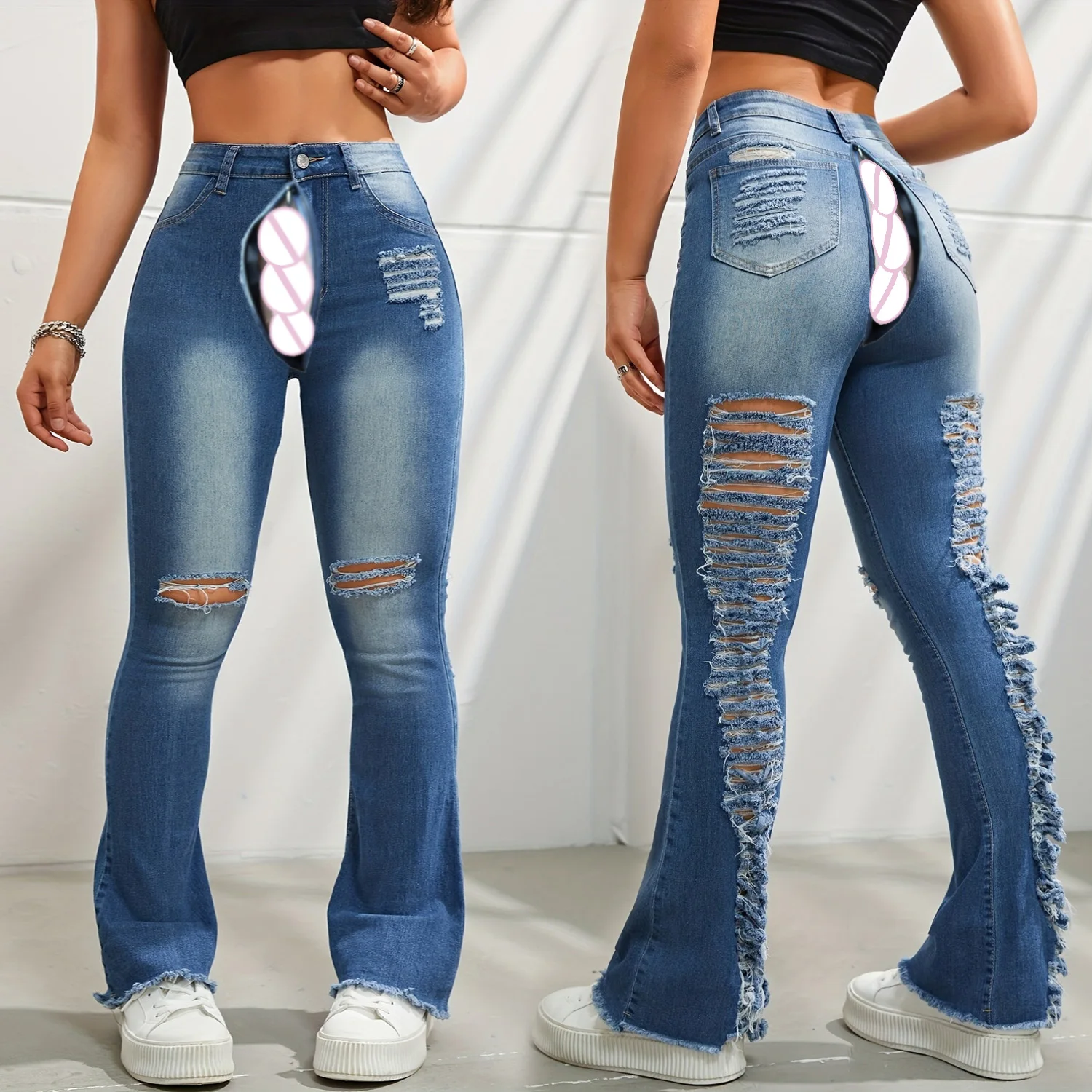 

Summer Open Crotch Ripped Denim Jeans Women Cargo Overalls Wide Leg Pants Woman Vintage Clothes Y2K Streetwear Baggy Trousers