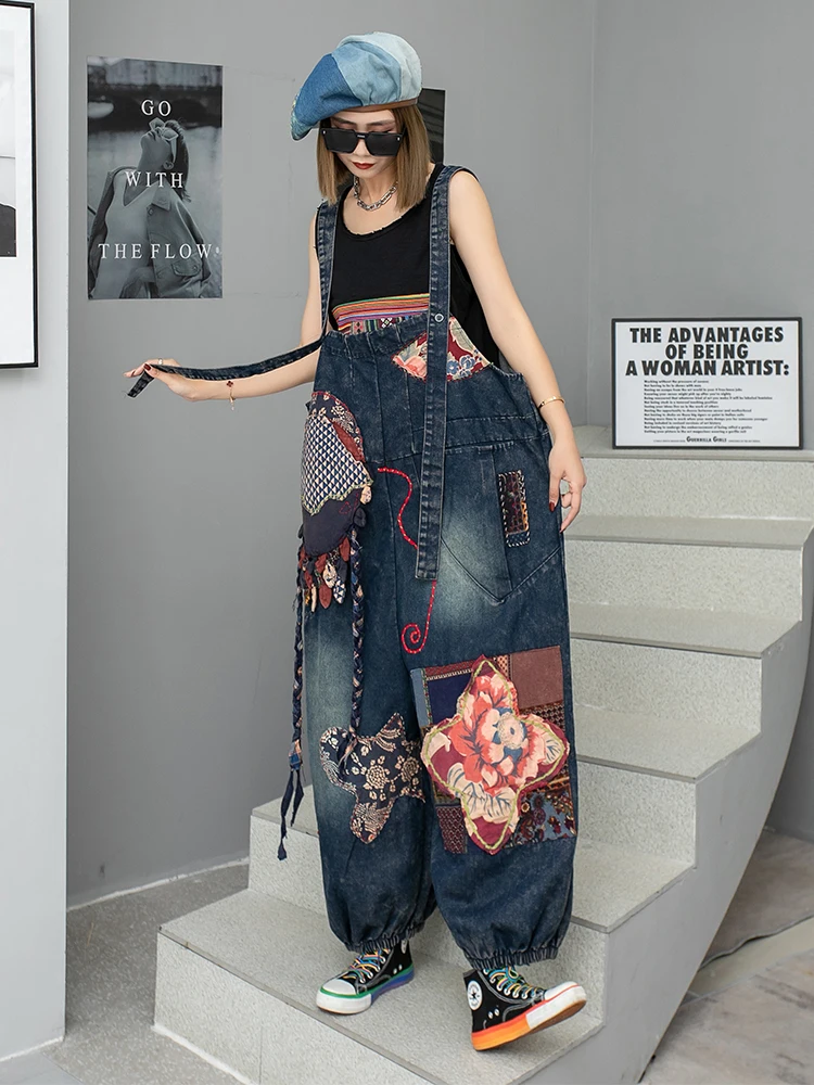 Boyfriend Streetwear Cowboy Overalls Jeans Women Retro National Hip Hop Harajuku Patch Wide-leg Suspenders Rompers Trousers