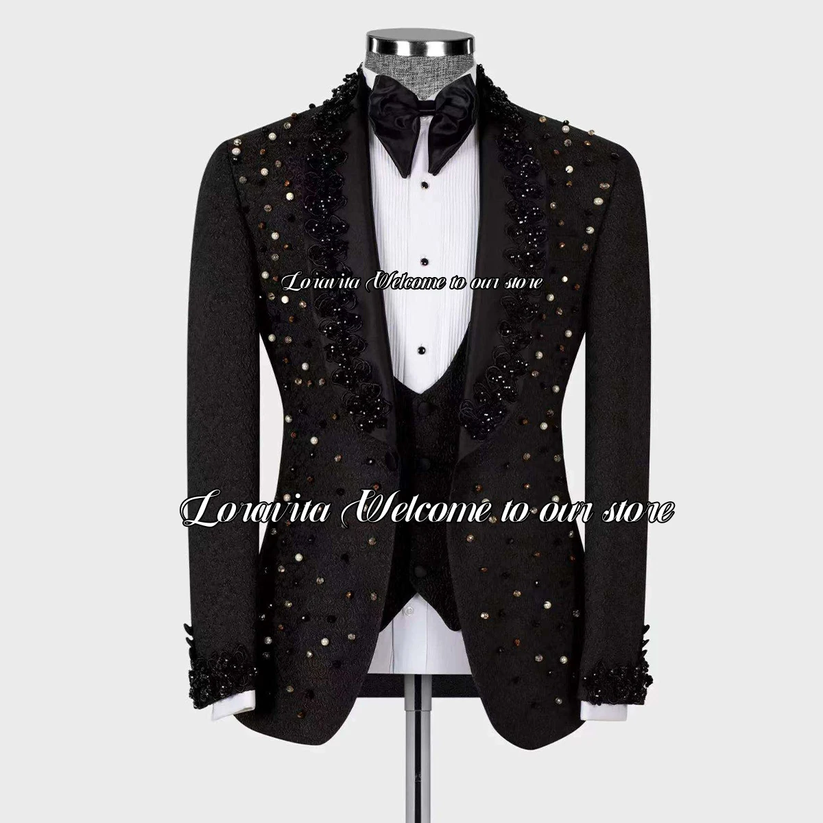 Luxury Beaded Stylish Sutis Black Crystal Embroidered Wedding Tuxedo for Men 3 Pieces Sets Male Prom Blazers Slim Costume Homme