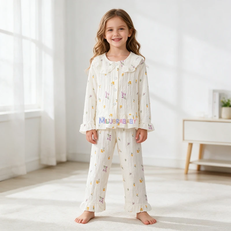New Girls Pajamas Set Grid Double Children's Pajamas Set Girls Spring and Autumn Long Sleeves Middle Loungewear Set