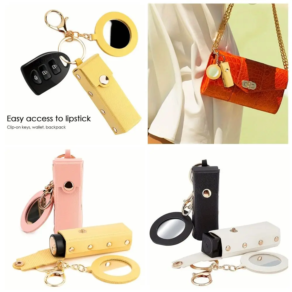 Pu Leather Lipstick Bag Lipstick Storage Box with Mirror Key Chain Makeup Lipstick Holder Lip Gloss Bag Mini Cosmetic Bag