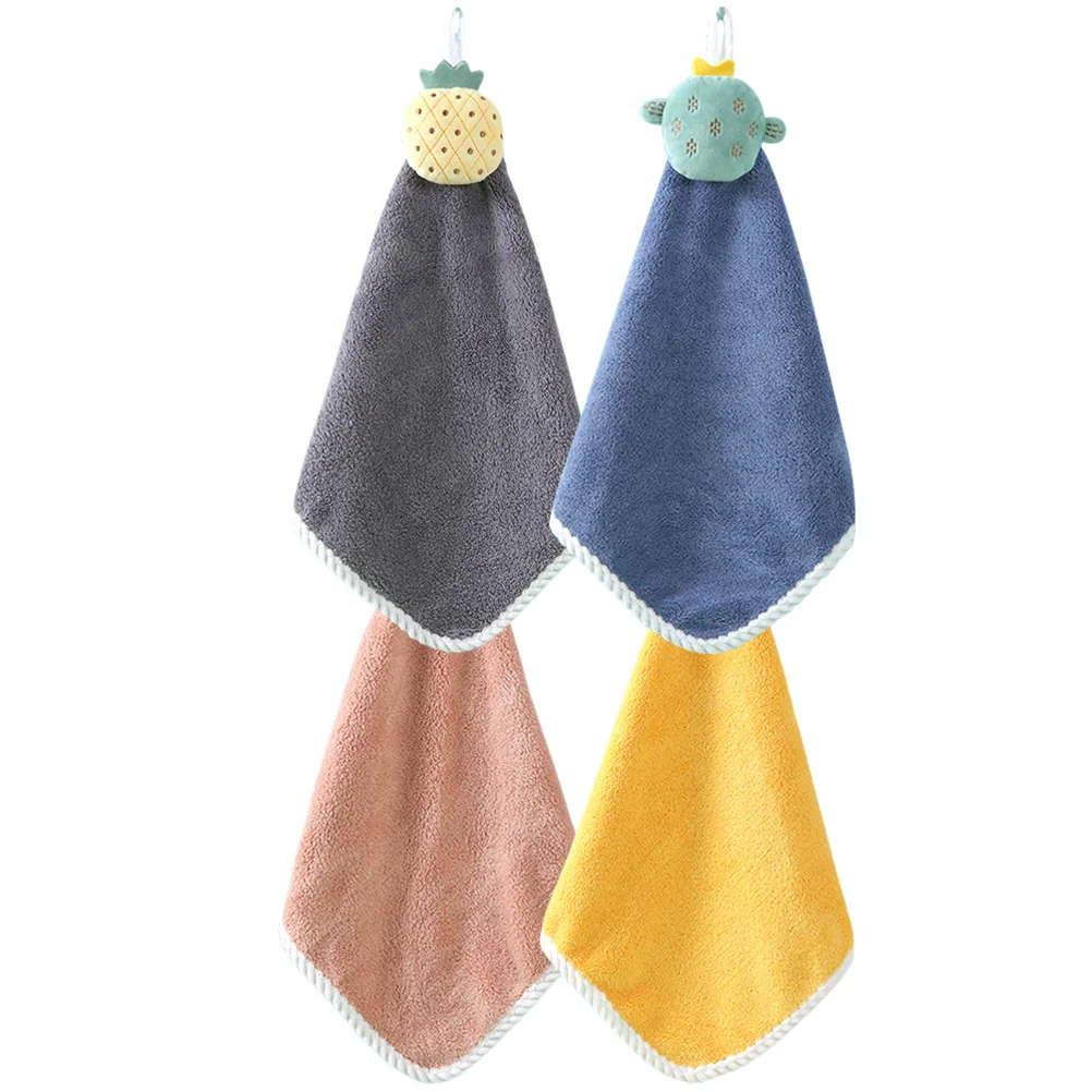 

4pcs Cartoon Kitchen Hand Towels Dish Cleaning Towels With Lanyard Quick-Drying Absorbent Hanging Storage For Home