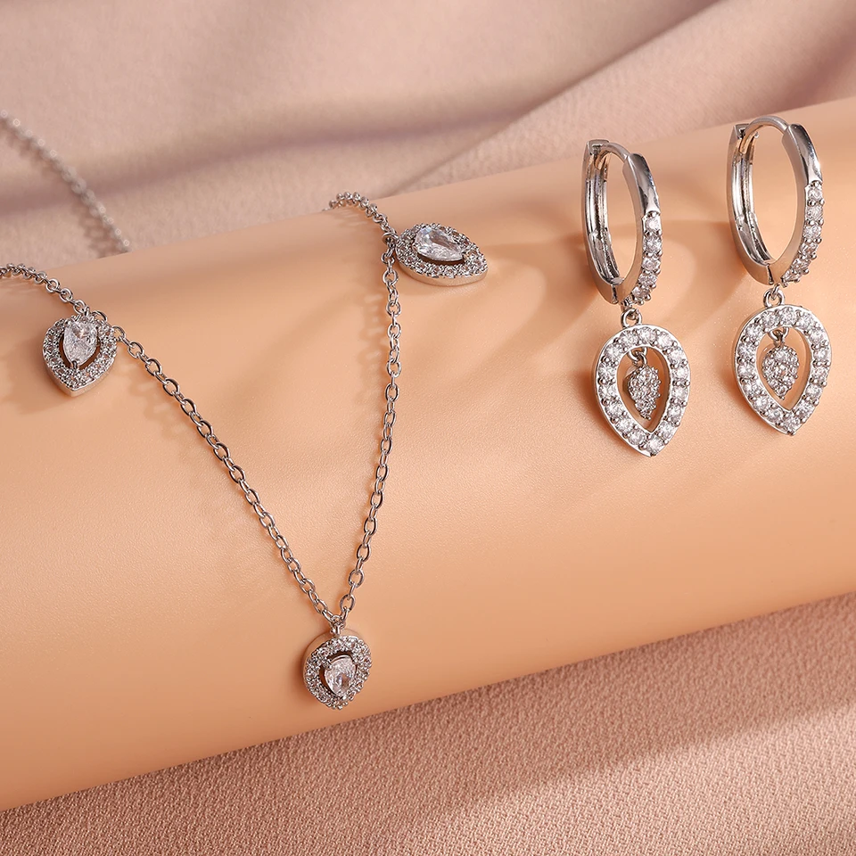 ZAKOL Silberfarbenes, glänzendes Zirkonia-Blatt-CZ-Anhänger-Halsketten-Ohrring-Set für Damen, exquisites Luxus-Schmuckset, Geschenk – Detail 7