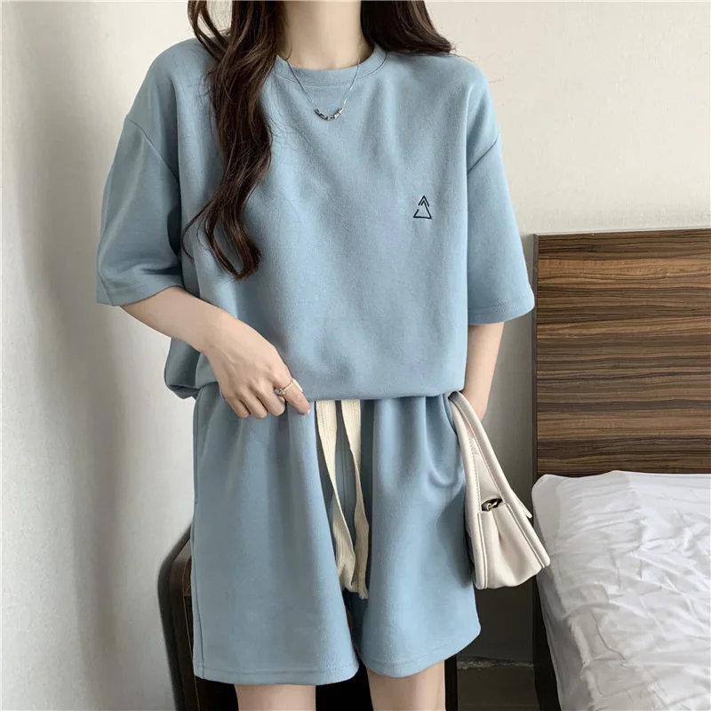 

2 Pcs/Set Women Tracksuit O Neck Short Sleeve Loose Long T-shirt Shorts Sets Casual Elastic Waist Lady Top Shorts Suit Female