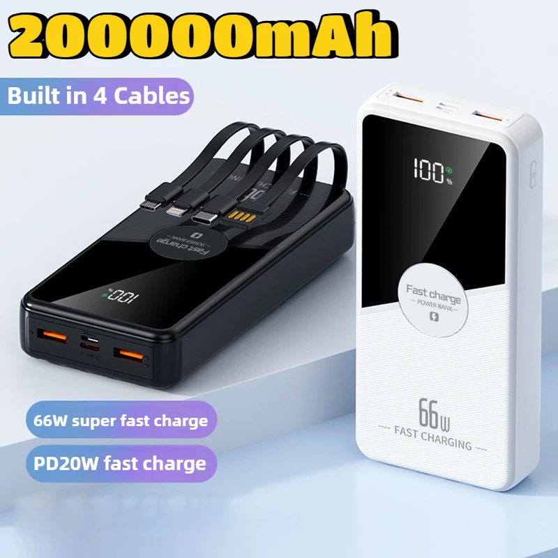 

Ультратонкий аккумулятор емкостью 200000 мАч, 120 Вт, быстрая зарядка с 4 кабелями, портативное зарядное устройство, аккумулятор большой емкости для IPhone, Samsung, Xiaomi