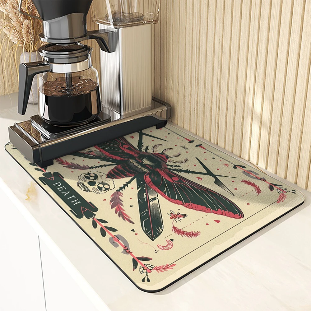 Coffee Tablewear Drain Pad Tarot Moth Bathroom Square Absorbing Anti-slip Dry Mat  Placemat Dishes Cup Splash Proof Drainer