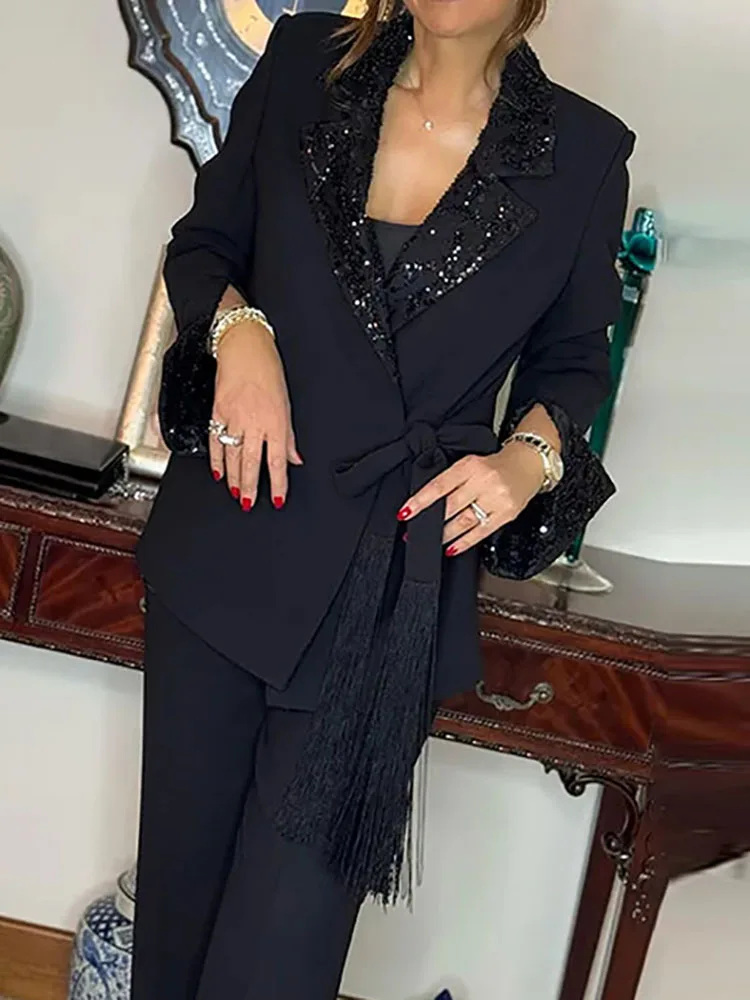 

Офисный темпераментный длинный брючный наряд 2022, осенний пиджак с длинными рукавами, женский простой однотонный повседневный комплект из двух предметов