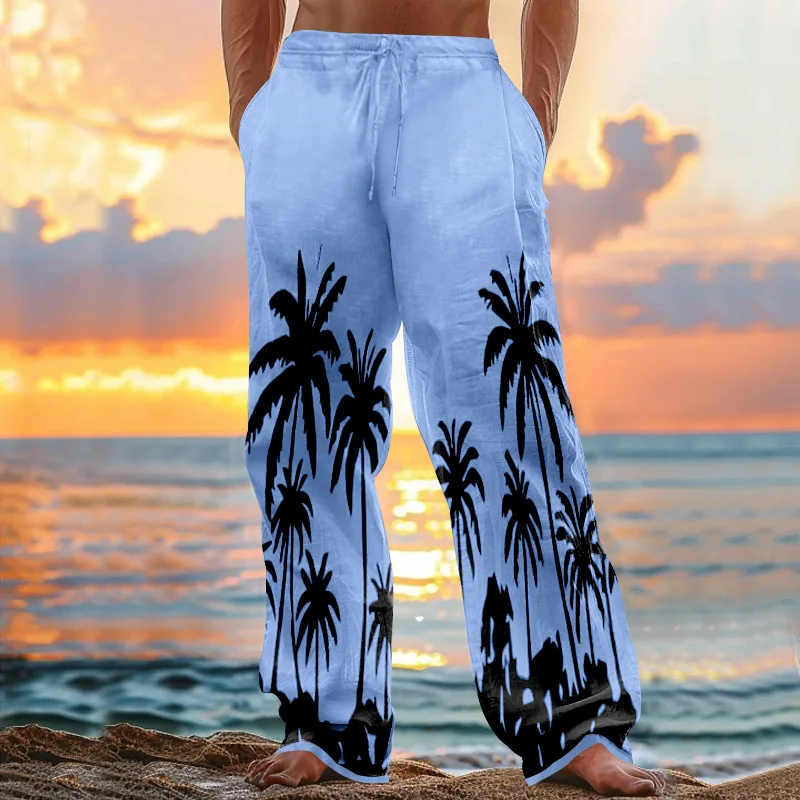 2024 New Spring and Autumn Men's Trousers Hawaiian Style Beach Coconut Print Casual Cotton Linen Loose Trousers Men's Clothing