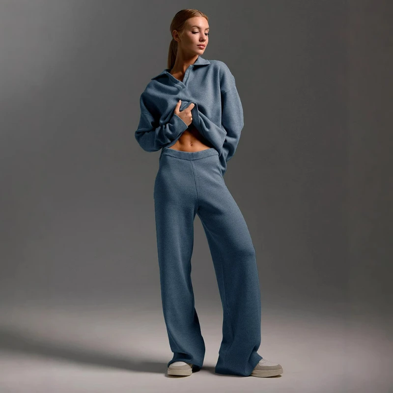 

Комплект Amazon, европейский и американский осенне-зимний свитер, вязаный джемпер с воротником-поло, широкие брюки, комплект из двух предметов, темперамент