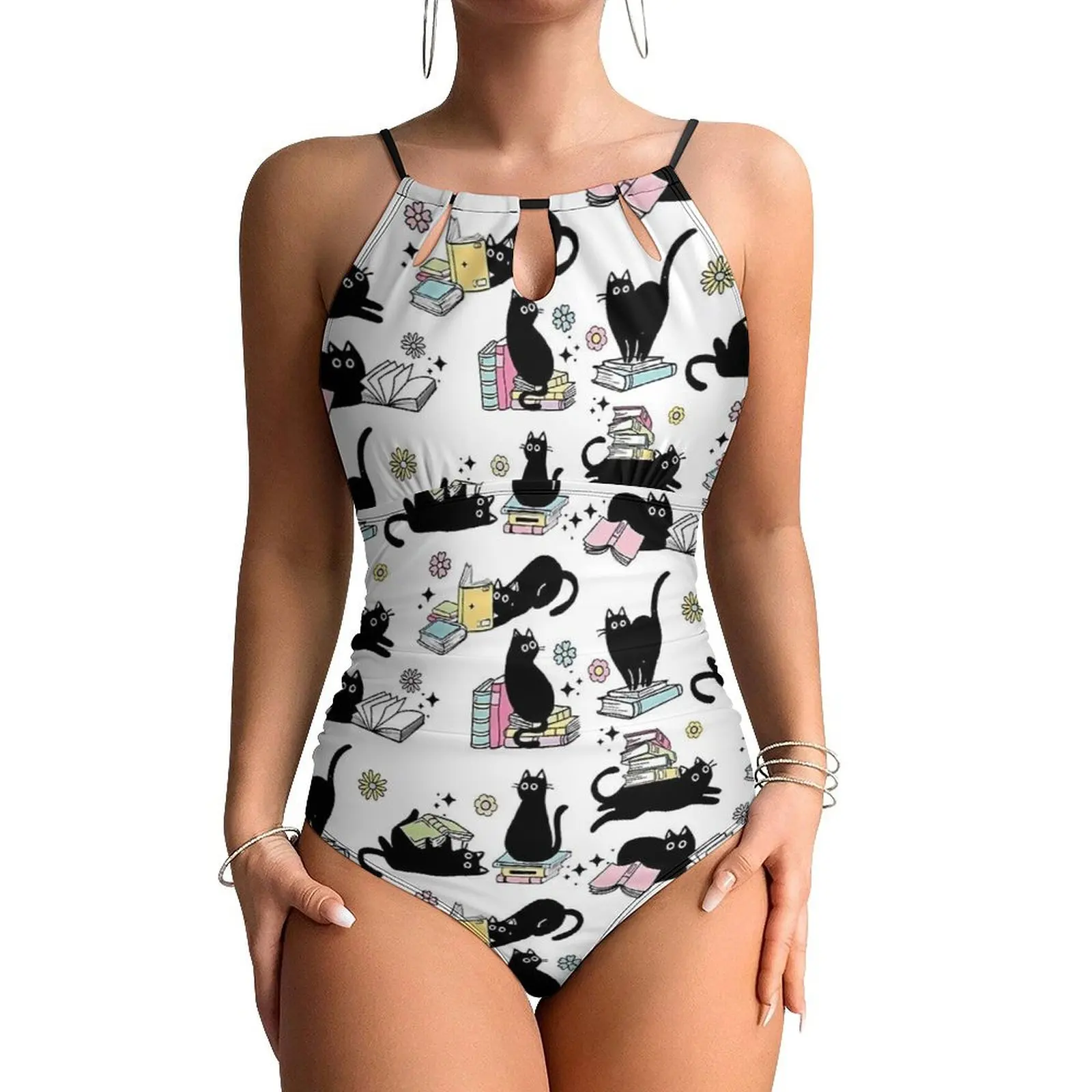 Library Cat Swimsuit Black Cats Books Swimwear One Piece Sport Design Bodysuit Cut Out Bathing Suits Lady Push Up Beach Outfits