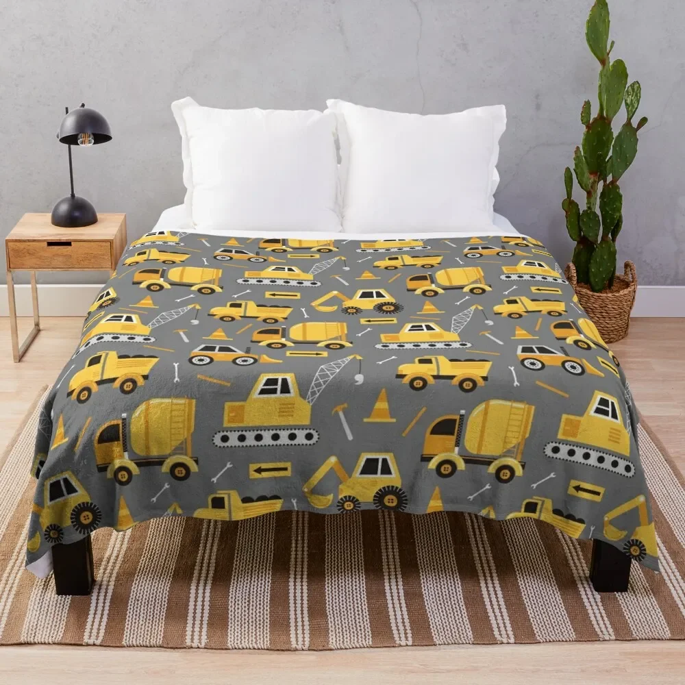 

Construction Trucks on Gray Throw Blanket Retros Decorative Sofa Blankets For Sofas Blankets