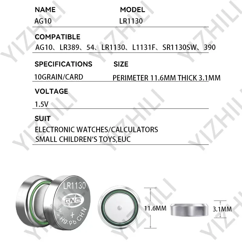 Pile alcaline pour horlogerie, pile bouton, AG10, LR1130, 24.com, 389A, 100, LR544, 198 V, SR54, 1.55, 389, 10-189 pièces