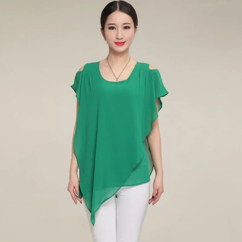 2023 Women Summer Chiffon Blouse tops  блуза с открытыми плечи Ruffle Batwing Sleeve hollow out chiffon Shirt plus size 5XL 6XL