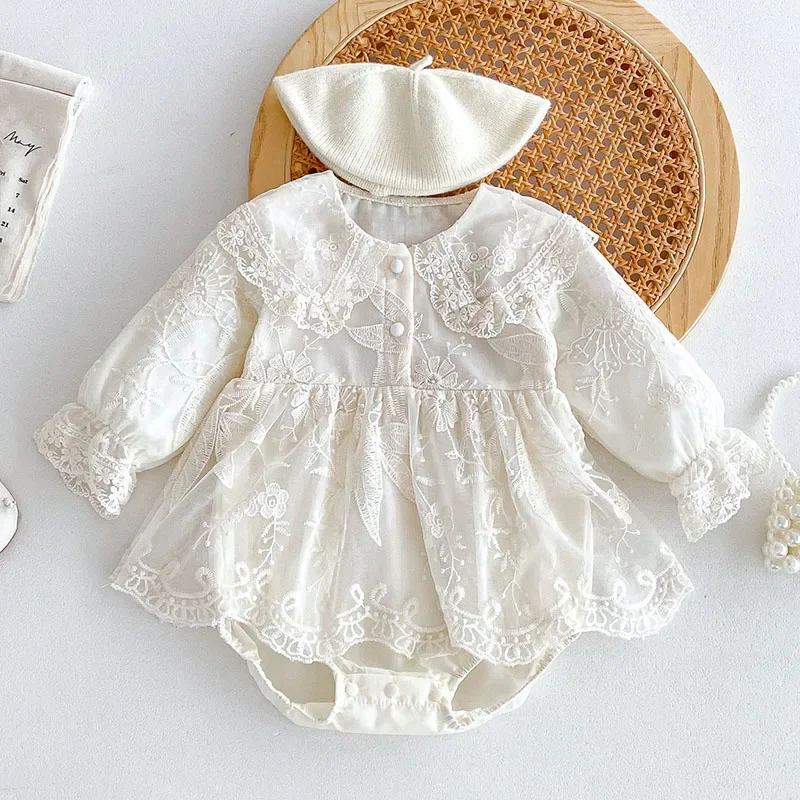 2024 New Autumn Newborn Baby Girls Bodysuits Long Sleeved Cotton Lace Splicing Infant Baby Girls Jumpsuit 0-24M Children Clothes