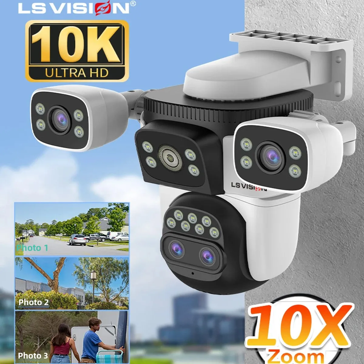 Caméra de sécurité extérieure WiFi LS VISION à trois écrans, PTZ, zoom optique 10x, suivi automatique, surveillance CCTV