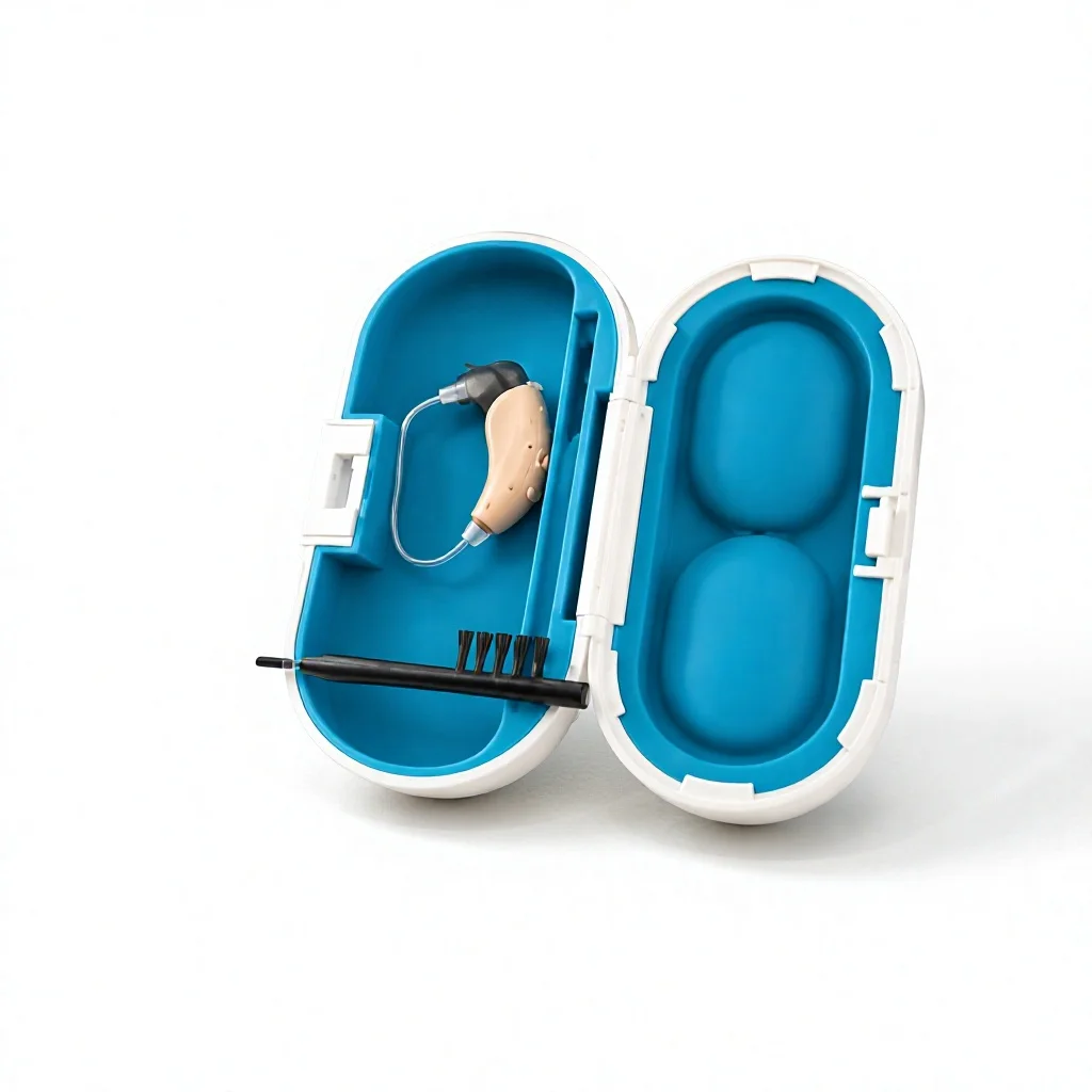 Individual Hearing Aid with Transparent Connection Tube and Two-Cavity Organizer for Homecare Resellers