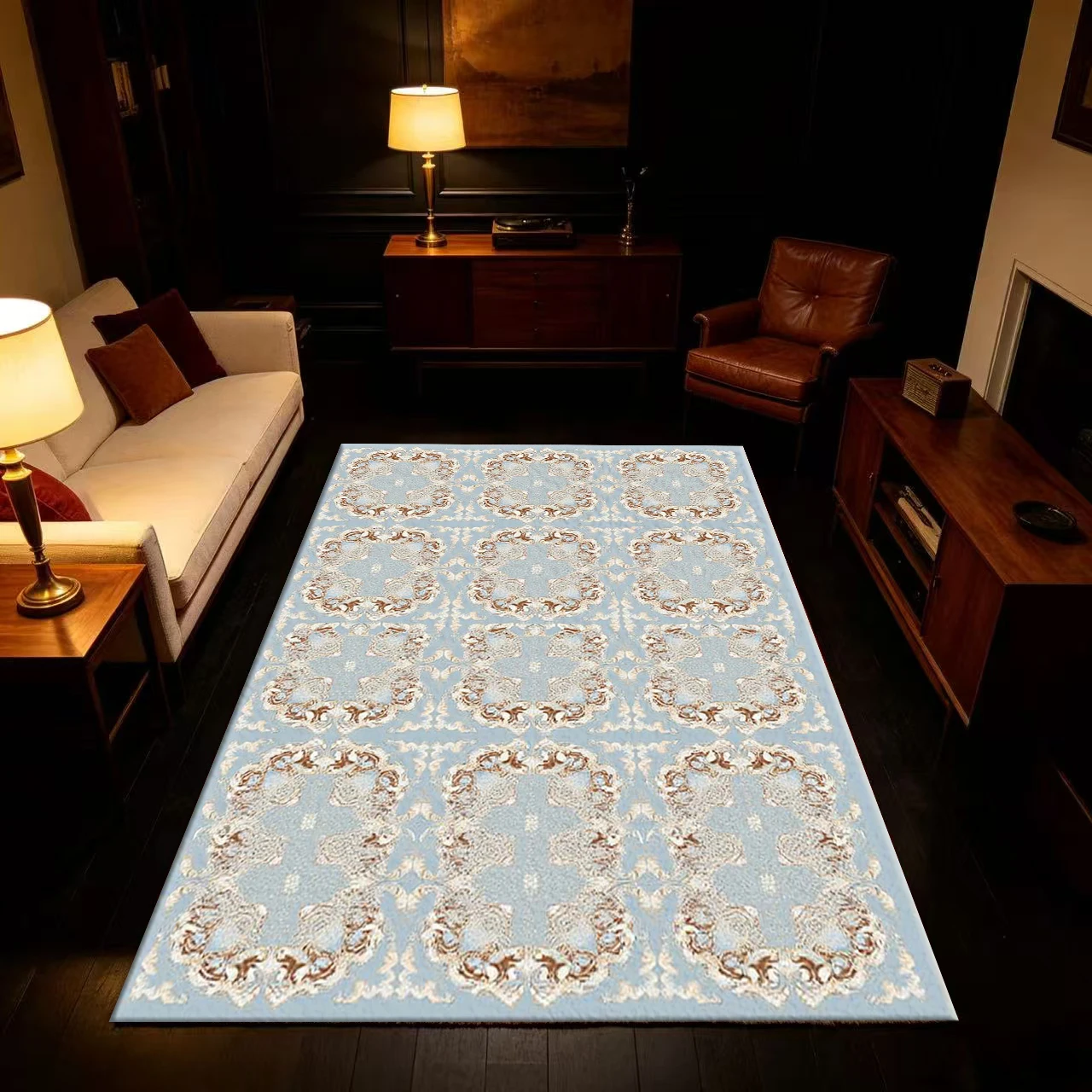 Light Blue Baroque Scroll Carpet, Stone-Patterned Carpet, Elegant European-Style Printed Floor Carpet