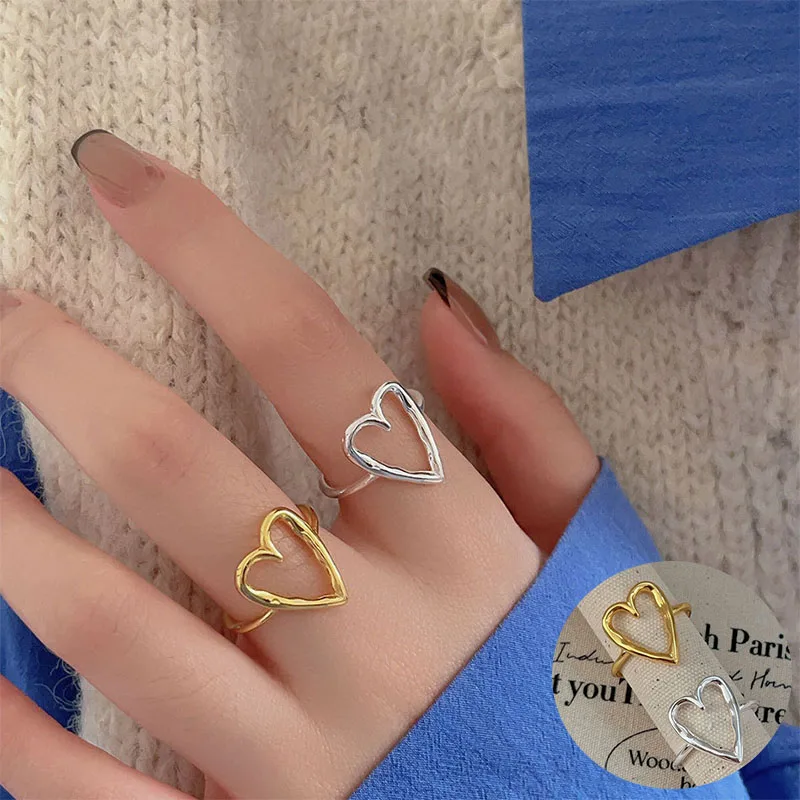 

100% 925 Sterling Silver Love Heart Open Ring for Woman Girl Simple Irregular Hollow Out Design Jewelry Party Gift Dropshipping