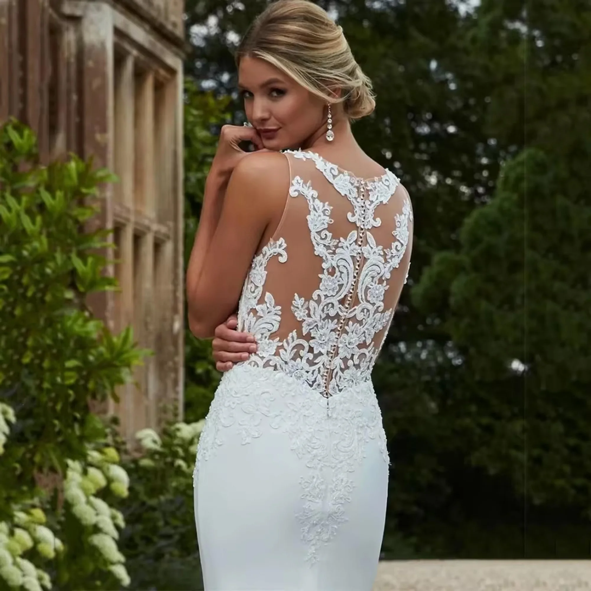 JEHETH Lace Elegant Wedding Dress Tank O Neck Bride Dress Applique Mermaid Bridal Gowns Sweep Train Vestido De Novia Customized