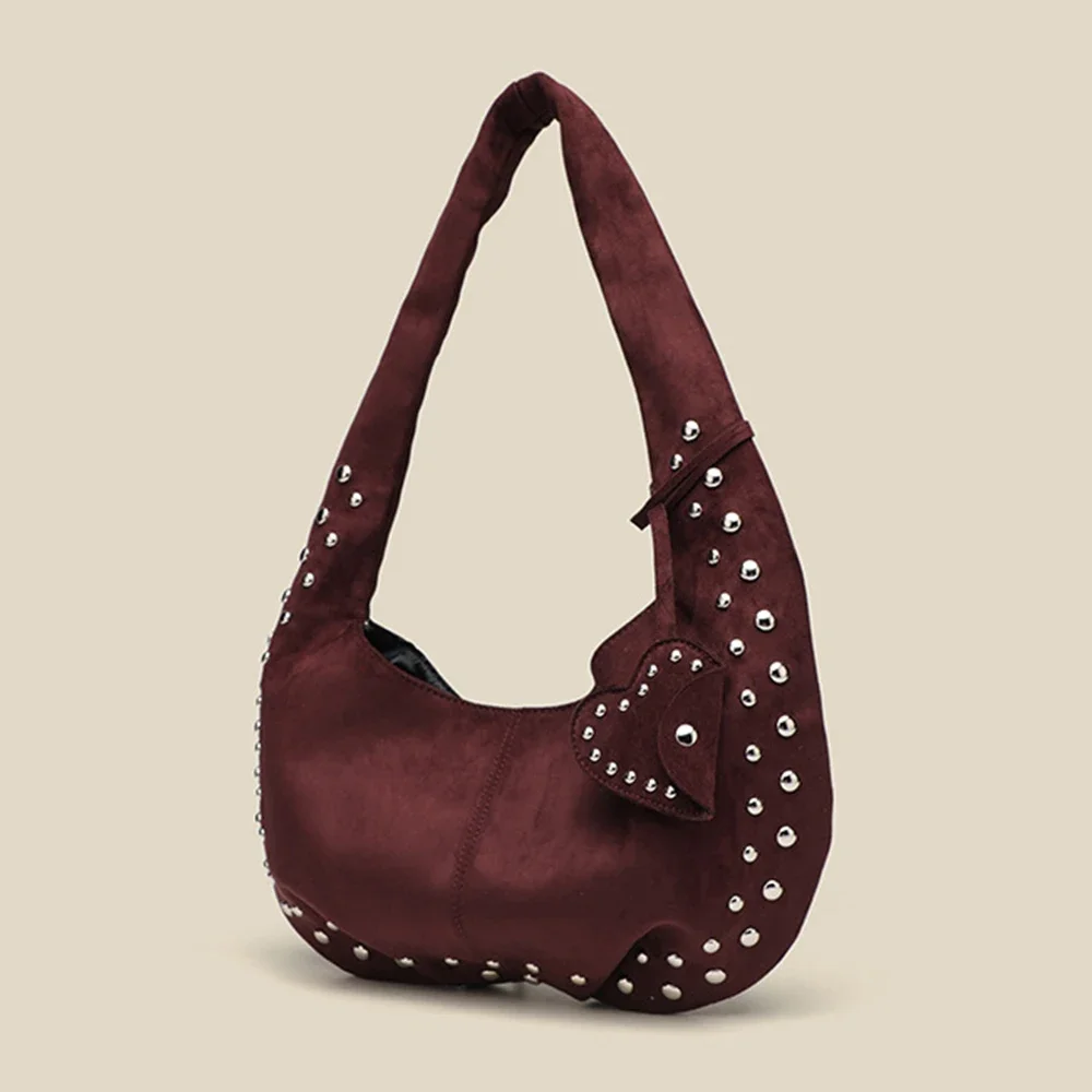 

Модная замшевая женская сумка с заклепками, роскошная сумка через плечо в форме полумесяца, дизайнерские сумки-тоут для женщин, сумки 2024, сумки для подмышек, новый клатч