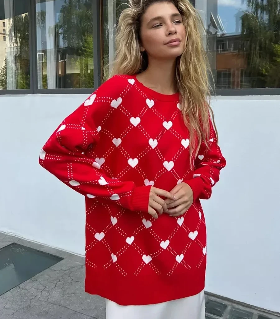 Otoño Invierno nuevo cálido estampado de amor suéter de cuello redondo para mujer suelto Casual longitud media moda Jersey Top