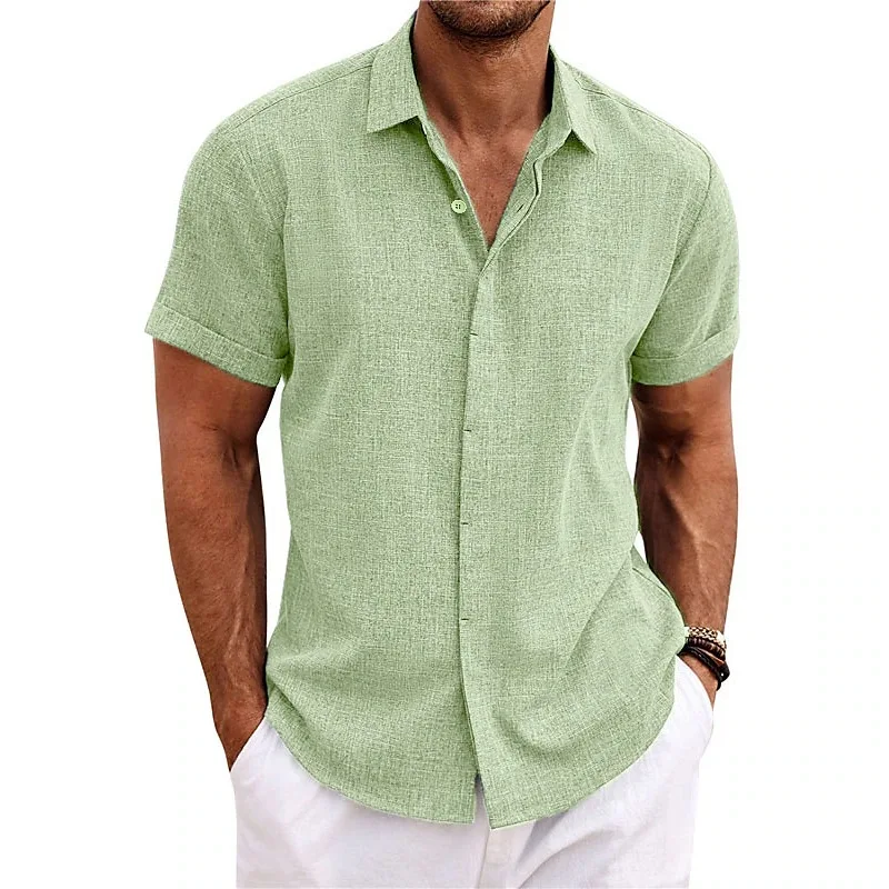 Summer Men's Casual Shirts Fashion Solid Color Stand Collar Single-breasted Cotton Blended Breathable Business Daily Shirts