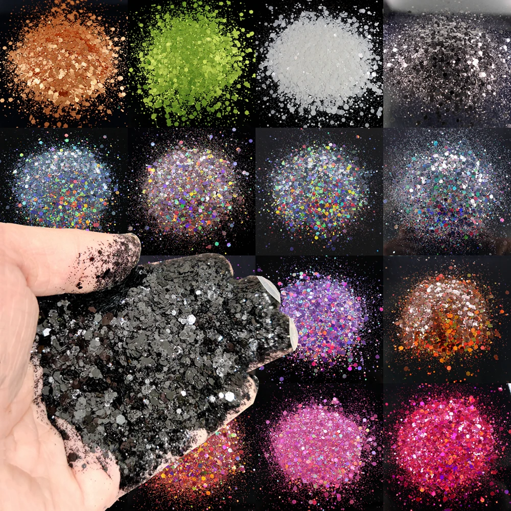 Granel atacado pó holográfico misturado hexágono lantejoulas glitter face olho artesanato unha chunky glitter mix cor mudando brilho