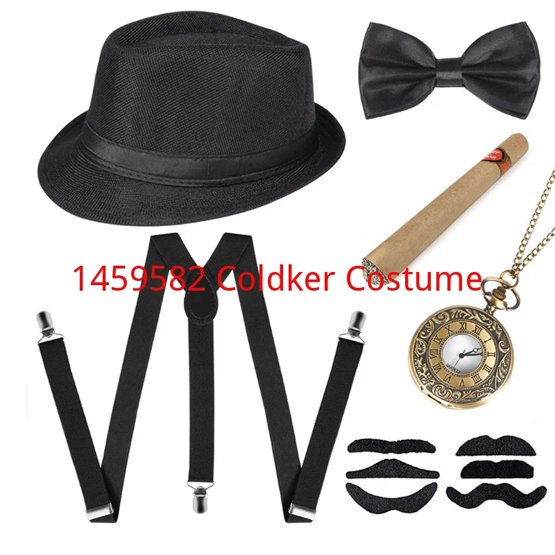 

1920s Mens Great Gatsby Accessories Set 6PCS Black White Gray Blue Roaring 20s 30s Retro Gangster Costume Tie Hat