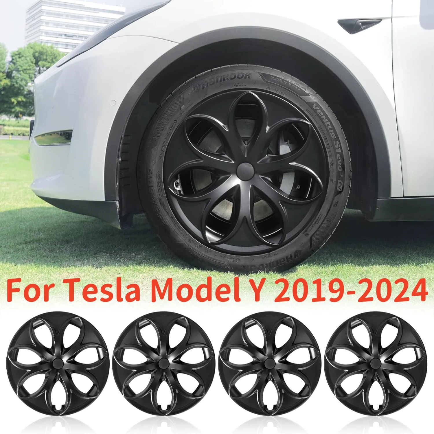 4PCS 19 inch Hubcaps For Tesla Model Y 2024-2019, Petal Style Wheel Covers Hub Caps Rim Protectors Cover Replacement