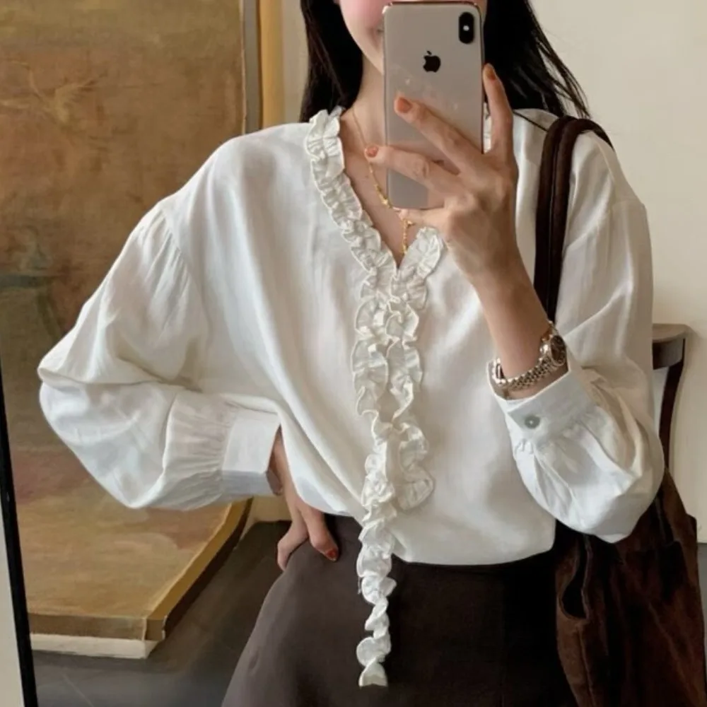 Koreanische Sle frauen irt Süße Sanfte Quaste Blume Holz Ohr Sexy V-ne Lange Sve Pendeln Top Atmungsaktiv Haut-freundliche