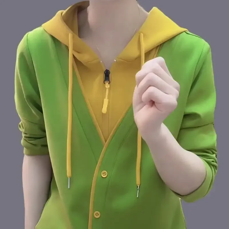 

Модная толстовка из двух предметов с капюшоном и застежкой-молнией, женская осень-зима 2025, корейская версия, пуловер, повседневный топ