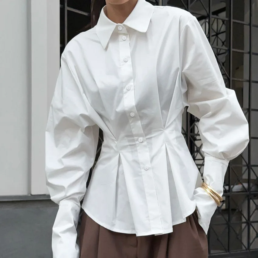 

Woman Blouse 2026 Spring Autumn New Solid Color Turn-Down Collar Waist Cinched Slim Fit Versatile Long Sleeved Shirt Top