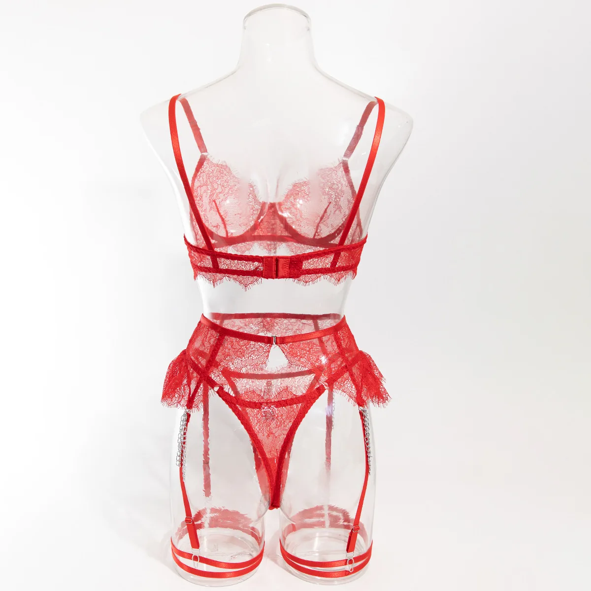 Krasapt Gothic 3Pcs Lace Lingerie Set Sheer Bra Garter Thigh Strap Thong Boudoir Sexy Transparent Women's Intimate Nightwear view 5