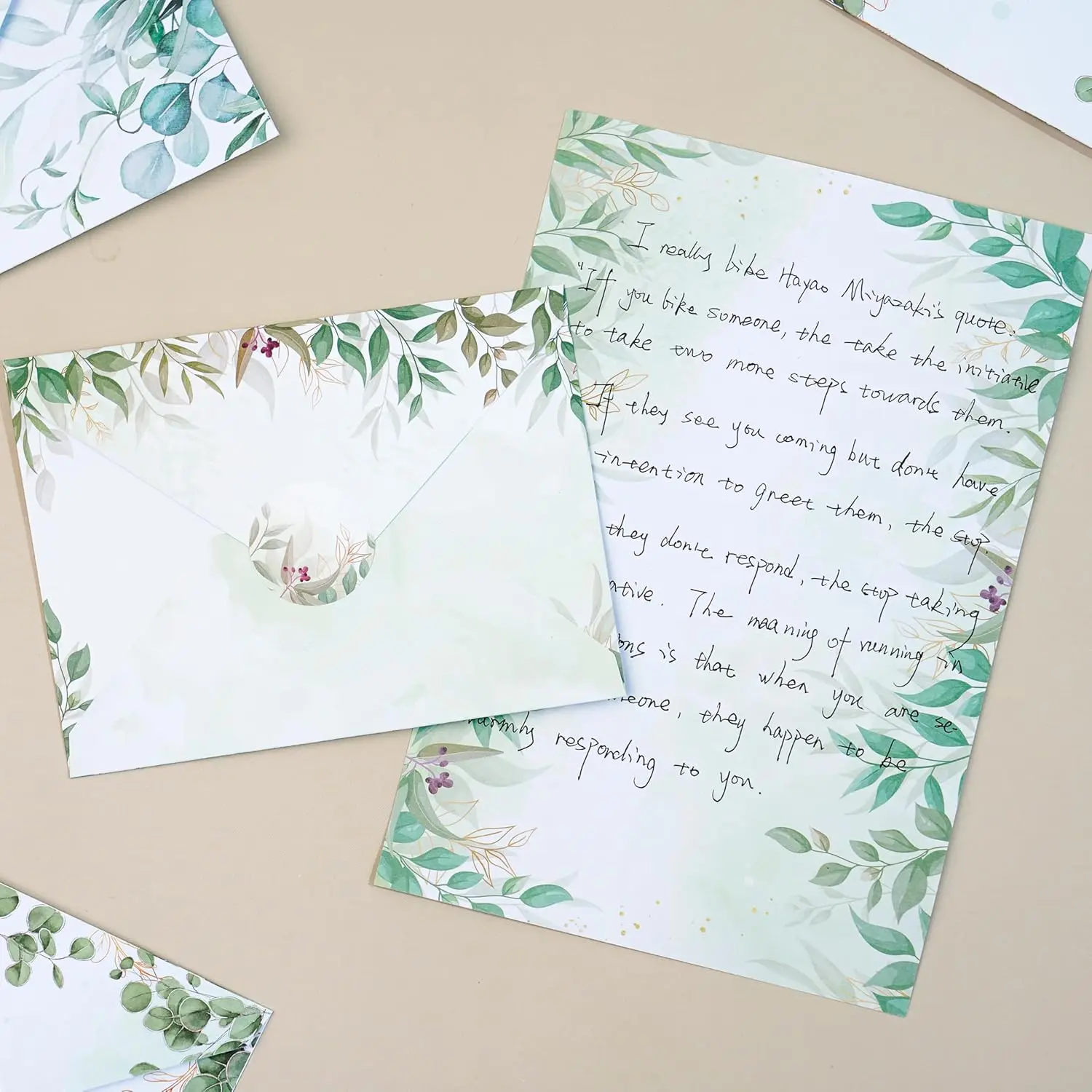 160-Piece Eucalyptus Stationery Envelopes Set – 50 Writing Papers, 50 Envelopes, 60 Sealing Stickers–Greenery Botanical Letter