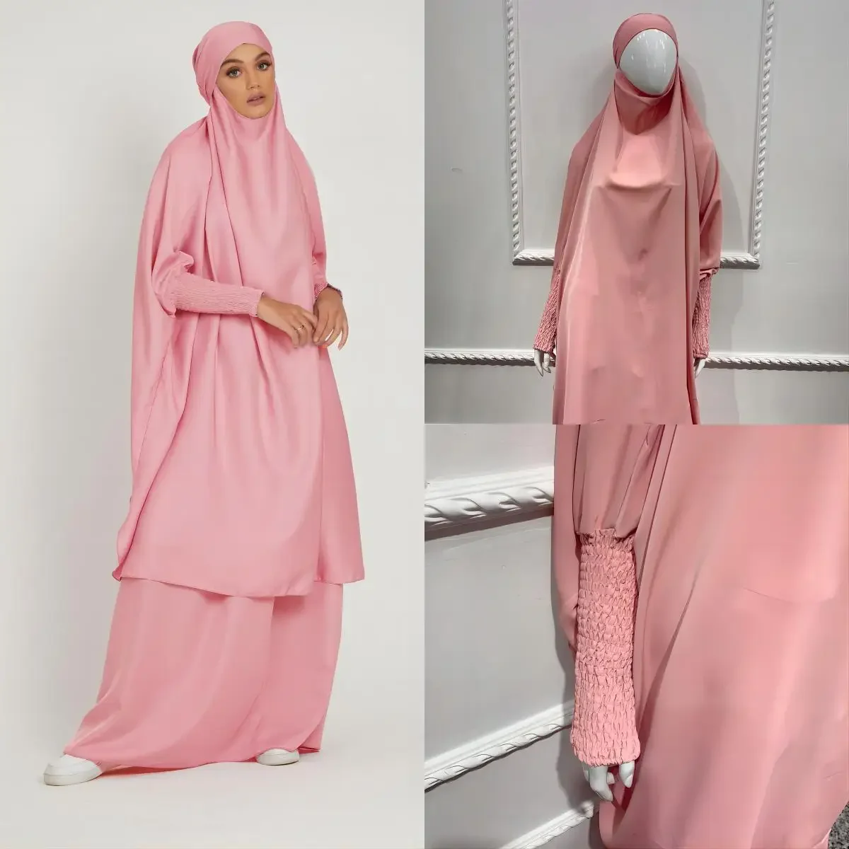 Imagem -03 - Duas Peças Conjunto de Oração Jilbab Abaya para Mulher Batwing Hijab Vestido Muçulmano Kimono Kaftan Robe Longo Khimar Islam Pano Jilbab Ramadan