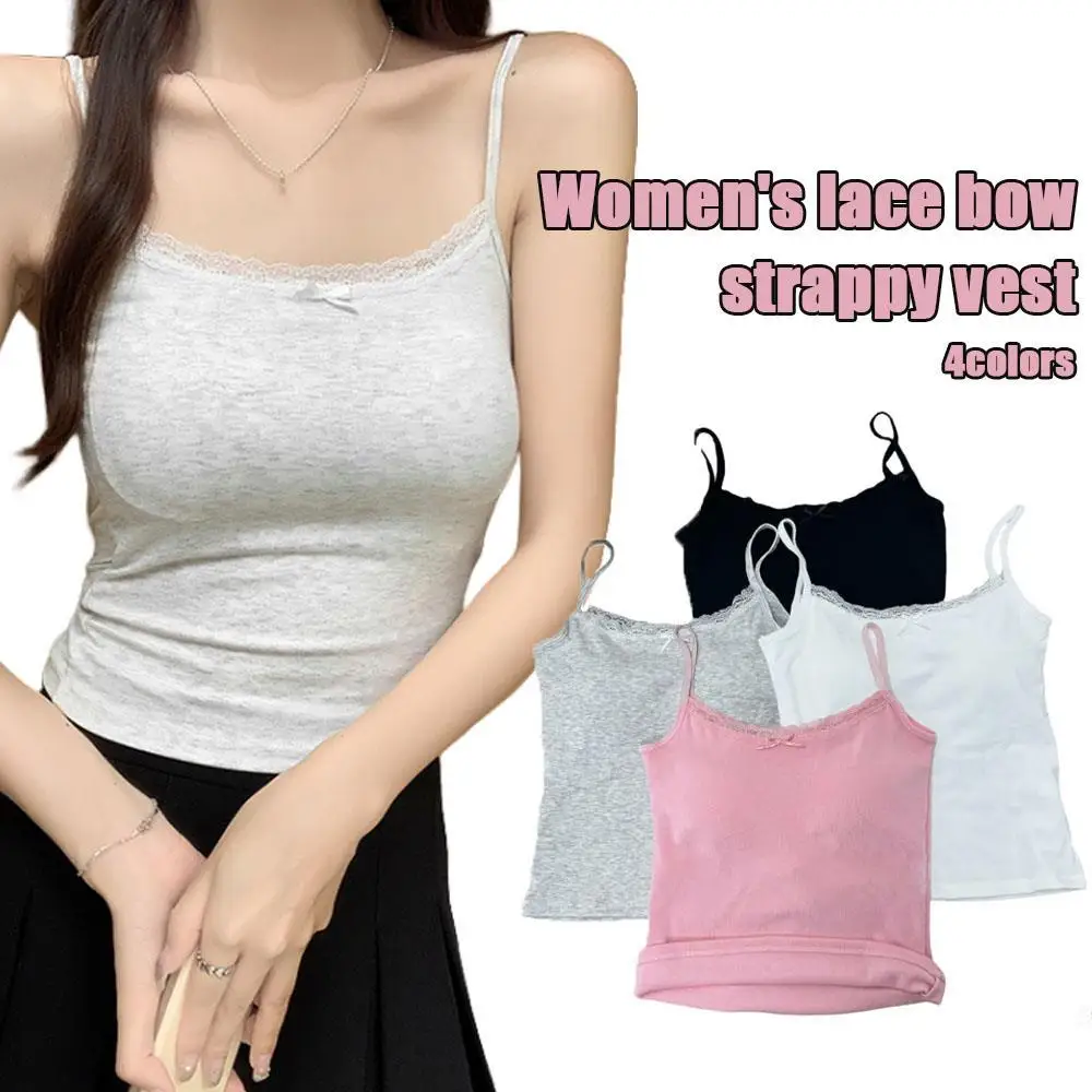 

Beauty Back Sweet Underwear Lace Undershirt With Bra Pads Slim Inner Wear Strappy Tank Tops Bow Short Vest Top Women топ y2k