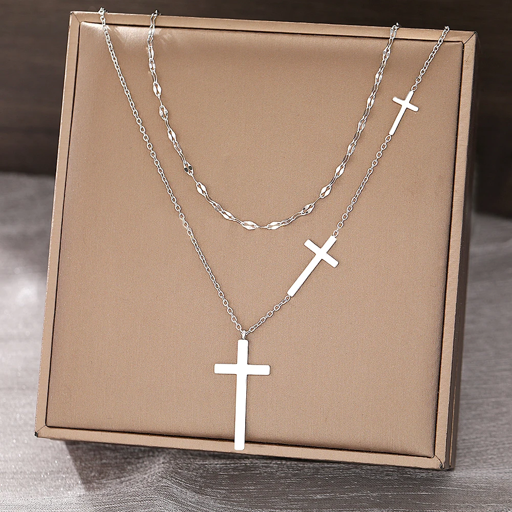 Stainless Steel Necklaces Cross Pendant Choker Multilayer Chain Double Stacked Wear Light Luxury Fine Necklace For Women Jewelry