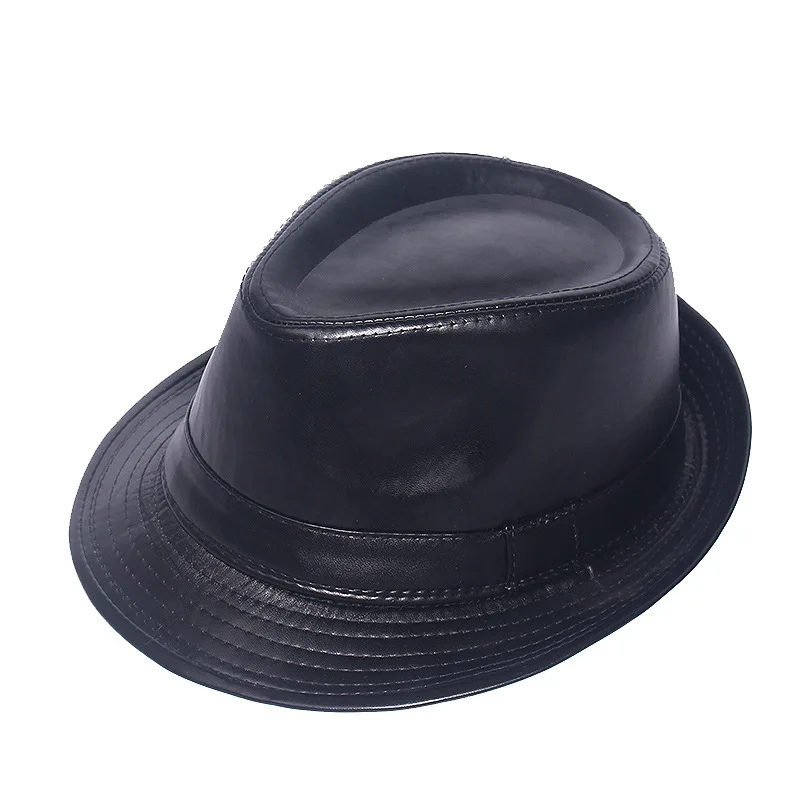 Autumn and Winter New British Fashion Korean Version Big Eave Top Hat Retro PU Imitation Leather Jazz Men\'s Hat